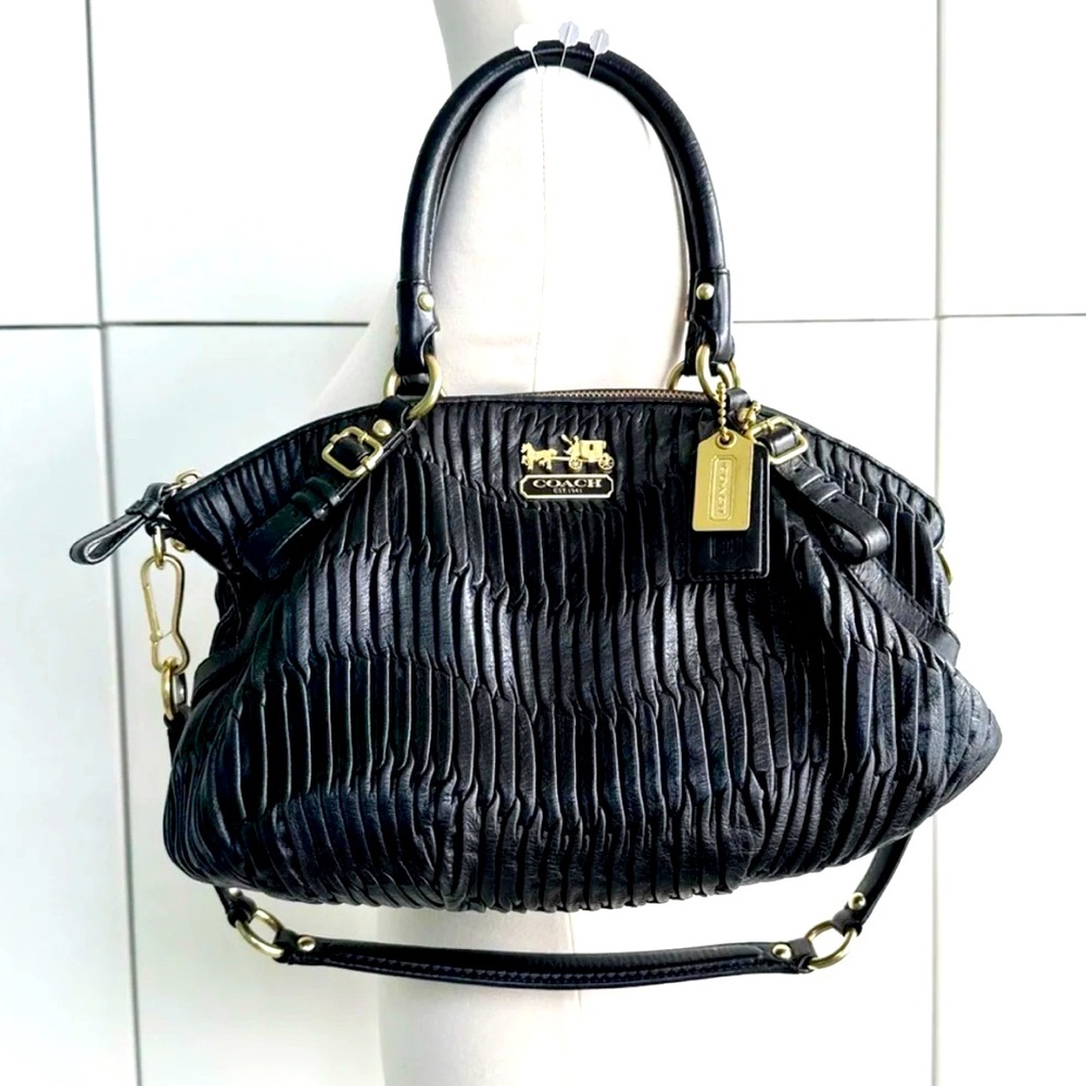 Coach Madison Gathered Sophia Satchel Bag Leather Black w/Gold Accents